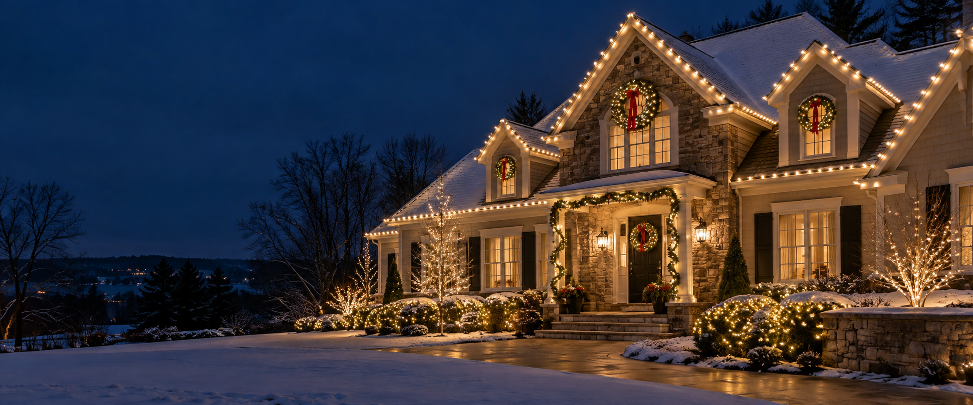 New England home professionally decorated with warm white Christmas lights